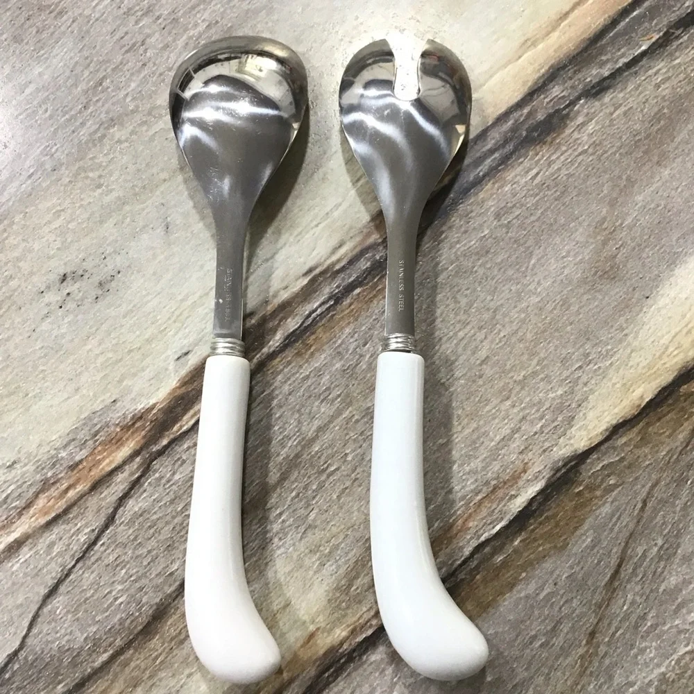 Vintage Salad Serving Set Blue Floral Porcelain Handle Spoon & Fork 8.5” Elegant